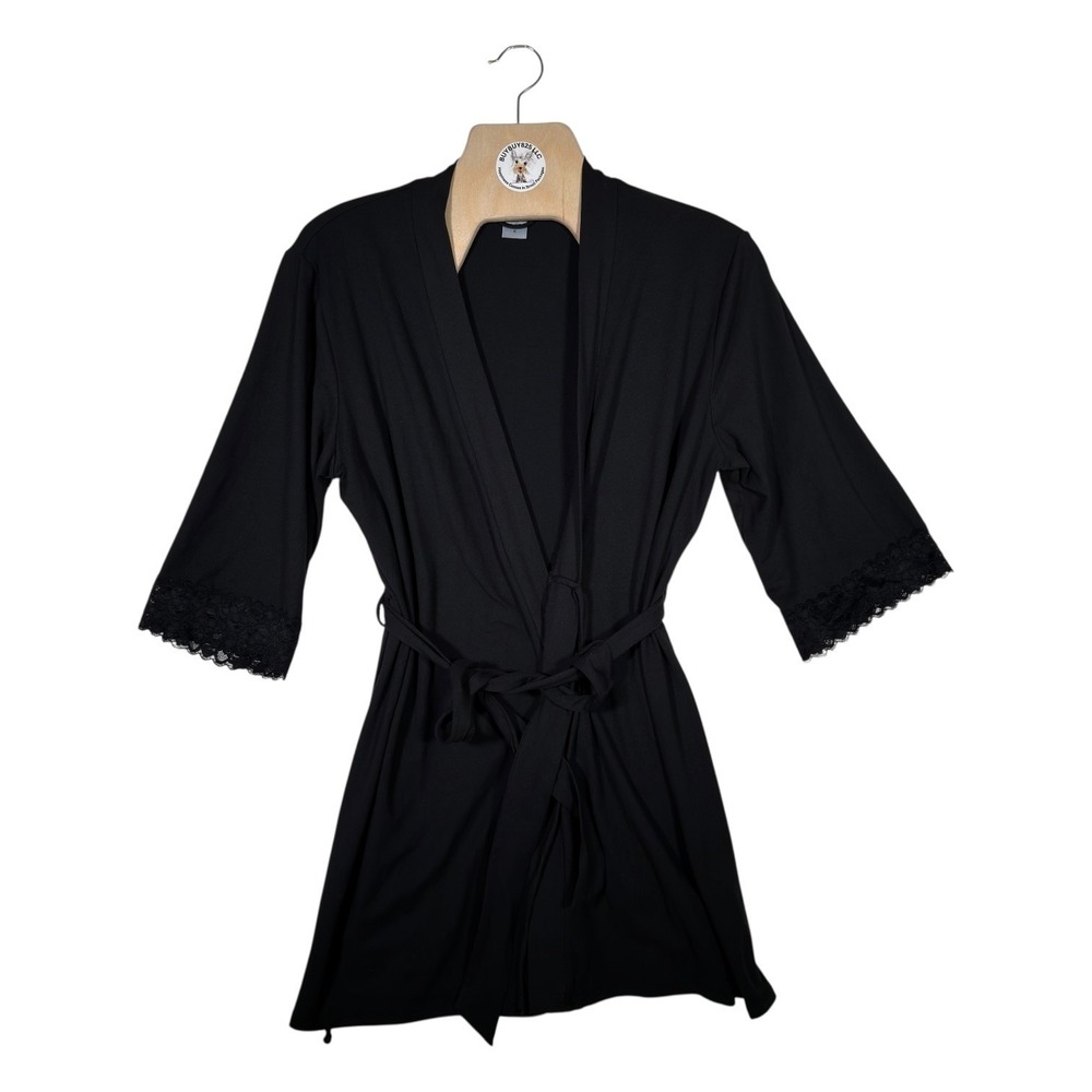 Linea Donatella Black Lace Trim Wrap Robe Women's M Stretch Loungewear‎
